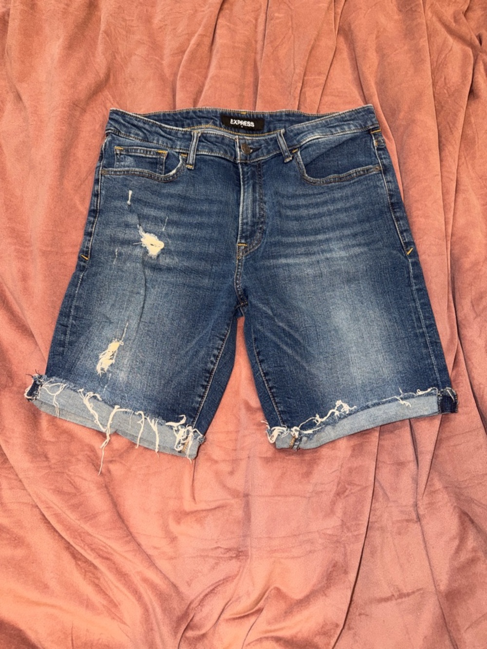 Express Distressed Medium Blue Denim Bermuda Shorts